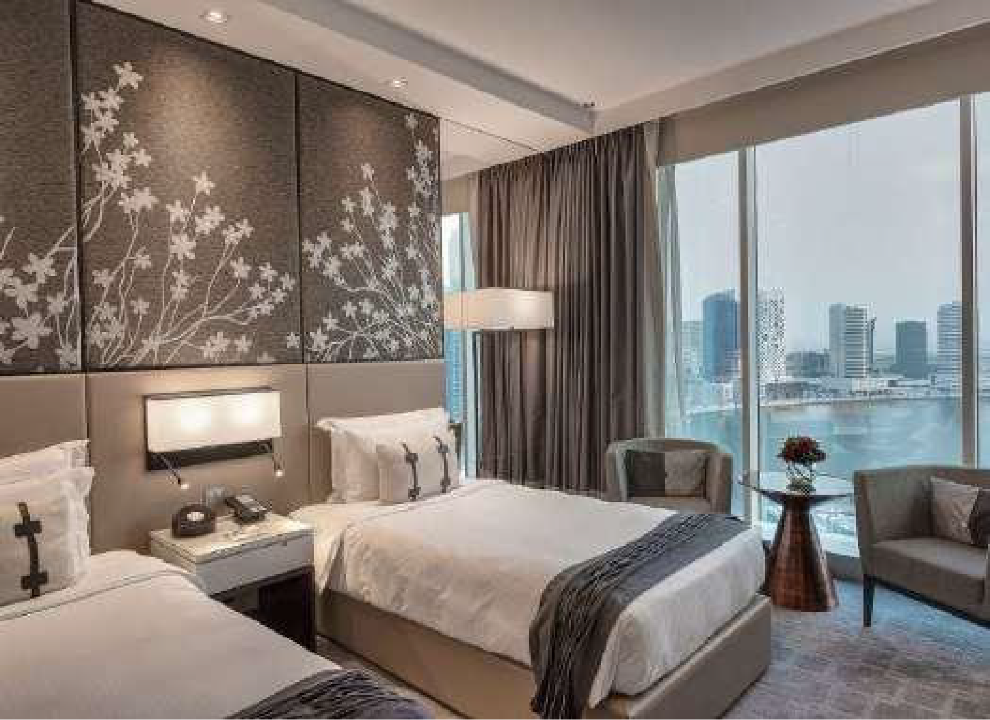 Warm hotel bedroom interior